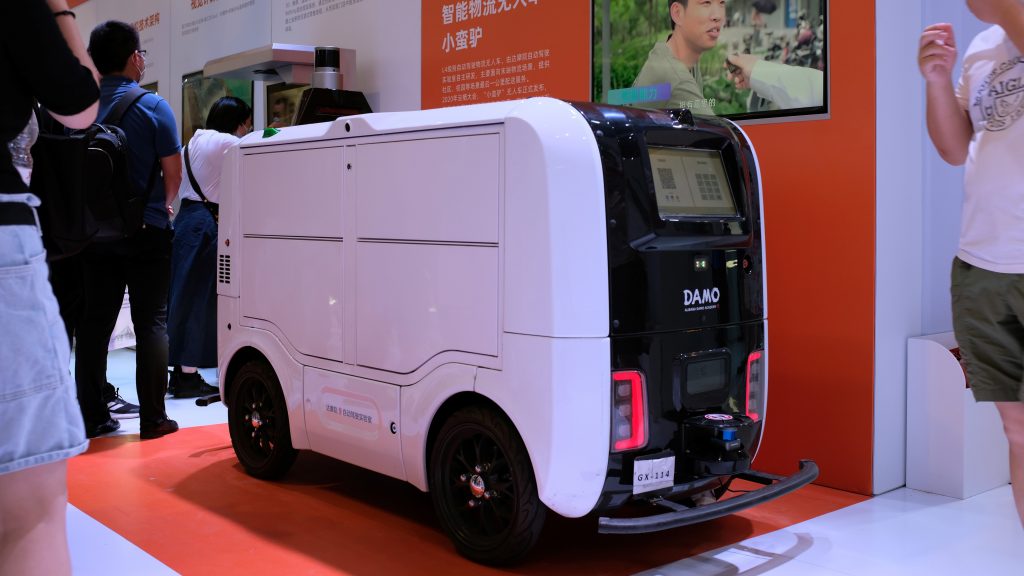 Autonomous delivery vehicle by Damo is displayed at the World Artificial Intelligence Conference in Shanghai