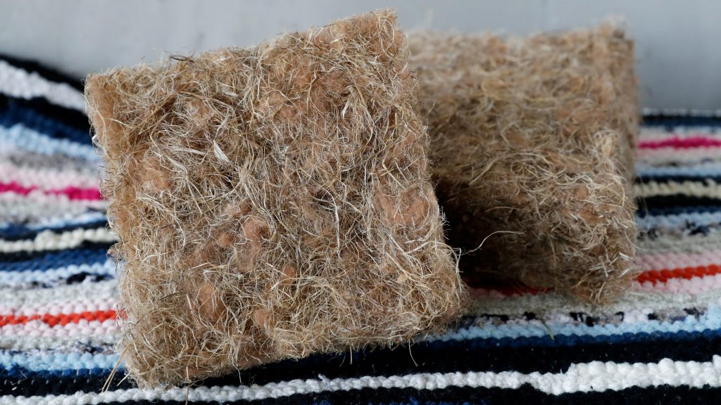 Insulation material made of hemp fibre is displayed at the House of hemp showroom in central Moscow