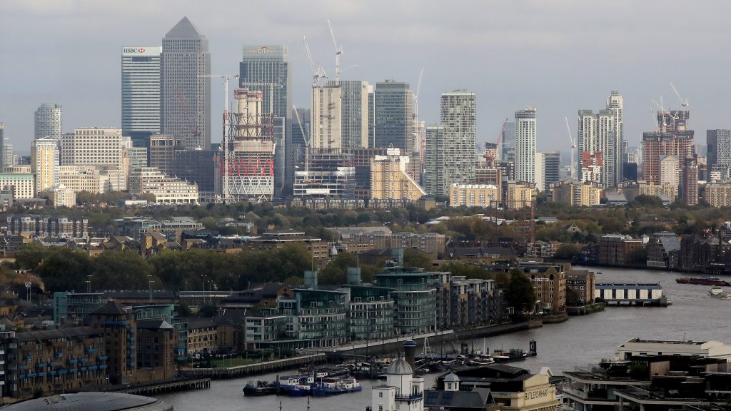 General view of Canary Wharf financial district in London